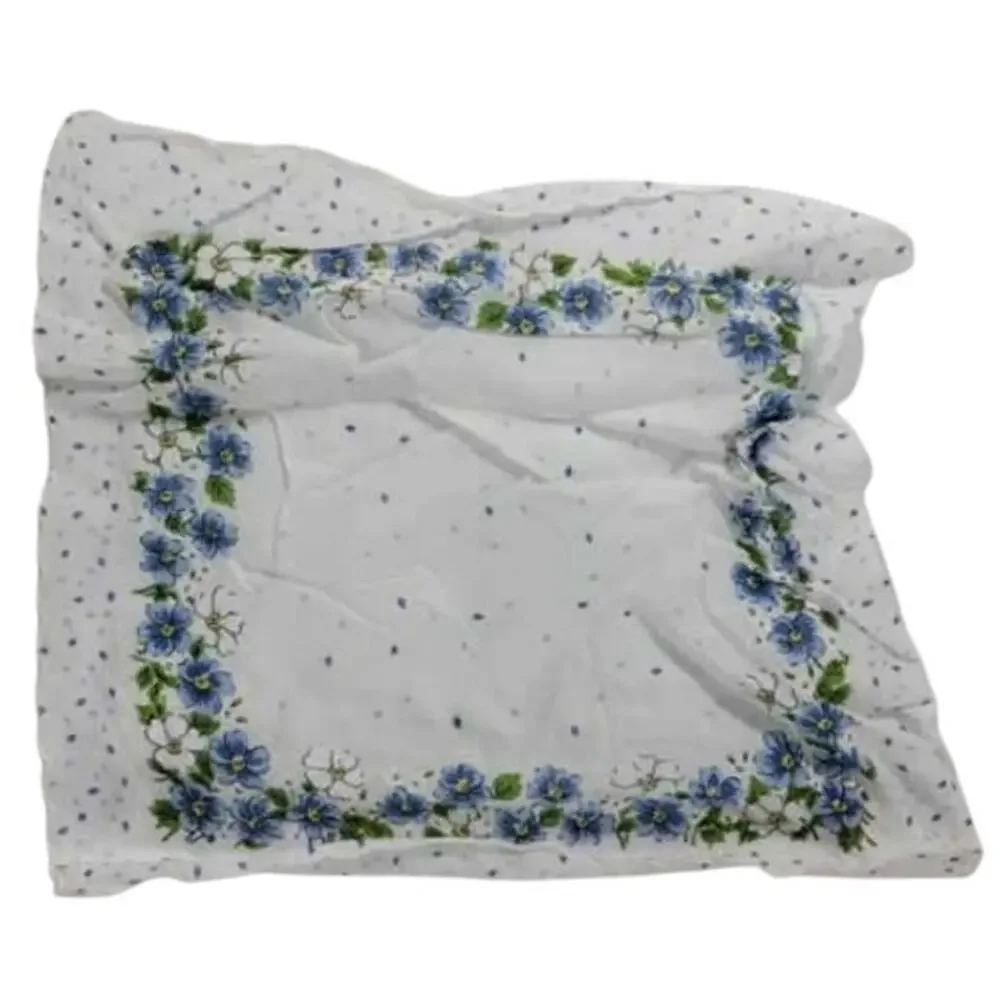 Set of 4 VTG 1960's Blue White Womens Floral Handkerchiefs danty cotton 11x10